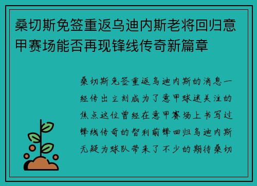 桑切斯免签重返乌迪内斯老将回归意甲赛场能否再现锋线传奇新篇章